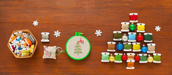 Winter crafts and handmade Christmas gifts concept. Flat lay of funny unusual Christmas tree made...