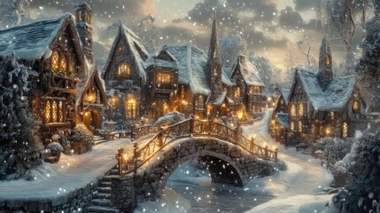 Fototapeta premium A picturesque winter village scene with snow, cozy homes, and a charming bridge.