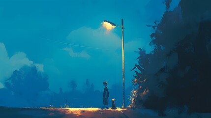 A boy walks along a narrow road at night, passing under a streetlight with a following cat.