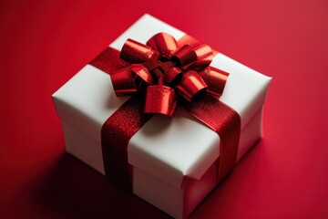 Obraz premium White gift box with a red ribbon. Perfect for holidays, celebrations, or gifting themes.