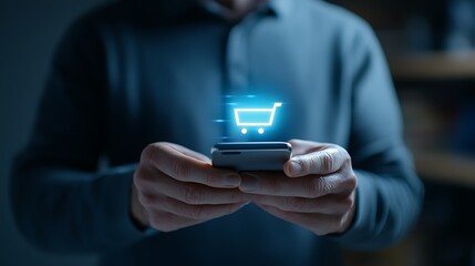 Home e-commerce innovation mobile shopping experience at night with digital interactions