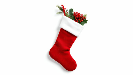 Red velvet Christmas stocking with white fur isolated cutout on white background