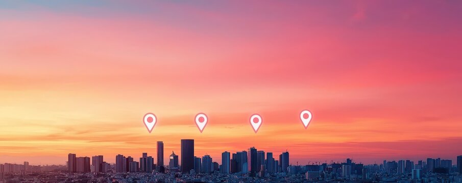 An aerial view of a bustling metropolitan cityscape at sunset, with glowing location pins scattered across key buildings