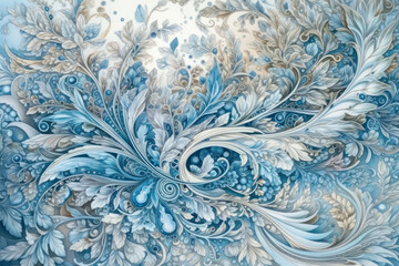 complex ornament made in cool blue and gray tones with elements of vegetation and stylized water drops.,.  