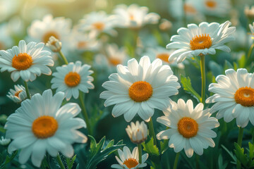 Fototapeta premium field with daisies. The flowers have white petals and bright yellow centers.