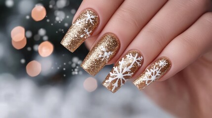Elegant Gold Glitter Nail Art with White Snowflake Design for Winter Celebrations and Festive Events, Perfect for Holiday Season, New Year, and Special Occasions