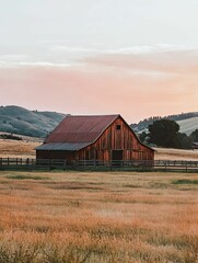 Obraz premium Rustic wooden barn in a grassy field.
