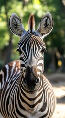 Naklejka premium Striking Zebra Portrait: A Close-Up Encounter with Wildlife