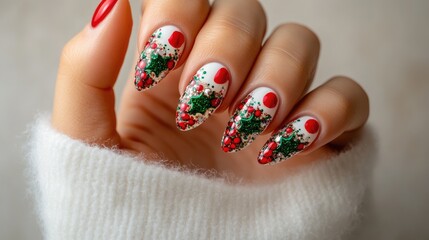 Festive Christmas Nail Art with Holly Leaves and Red Berries Perfect for Holiday Celebrations and Winter Parties
