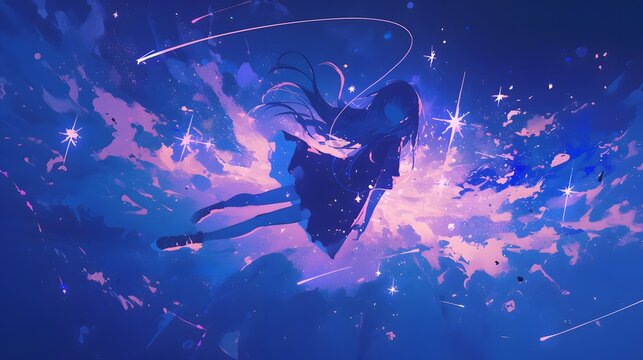 Anime girl floating among stars, listening to calm music, lofi vibe