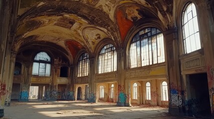 Fototapeta premium Abandoned Historic Building with Intricate Architectural Details and Colorful Graffiti in an Empty Interior Space Captured in Natural Light