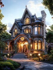 A grand stone house with a lit pathway.