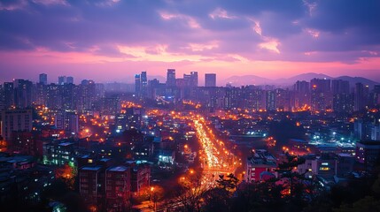 Obraz premium A panoramic image reveals a bustling city, showcasing the vibrancy of urban life.