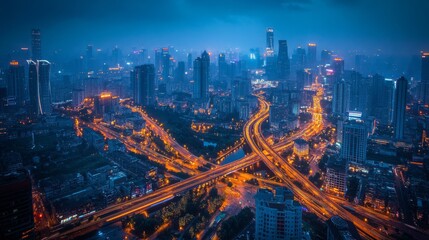Obraz premium Aerial View of Urban Cityscape at Night with Illuminated Skyscrapers and Busy Highways in a Modern Metropolis Under a Dramatic Blue Sky
