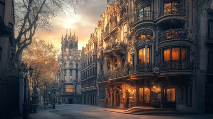 Fototapeta premium Captivating Evening Streetscape with Historic Architecture, Streetlamps, and Warmly Lit Windows Showcasing the Charm of Urban Life and Serenity in a Golden Hour Setting