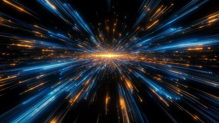 Fototapeta premium Abstract Digital Artwork Vibrant Blue Orange Streaks Radiating Light Dynamic Energy Effect