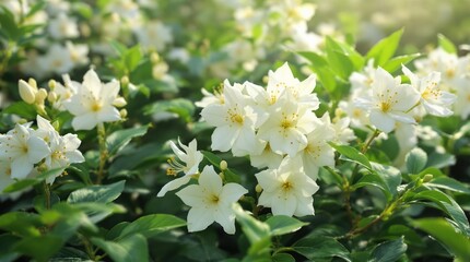 Obraz premium Close up shot of white tea flower against green foliage, up close, botanical garden