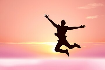 Fototapeta premium Silhouette man jumping and holding number 3 with birds flying on sunset sky at tropical beach and number like 2025 abstract background. Happy new
