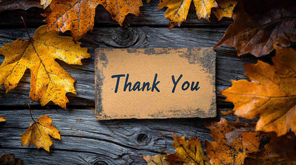 Naklejka premium Thank you card surrounded by autumn leaves on weathered wood