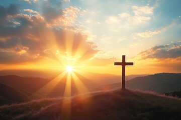 Cross Silhouette at Sunset with Vibrant Sky, Hill Landscape, Spiritual Hope and Peace