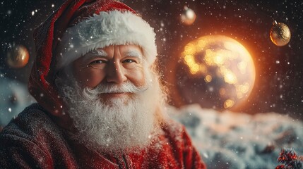 Jolly Santa Claus in a Snowy Winter Wonderland with Festive Lights