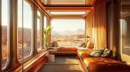 Luxurious train suite experience futuristic landscape interior design tranquil environment panoramic view comfort concept