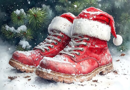 Pair of Red Boots with White Fur Trim. - Powered by Adobe