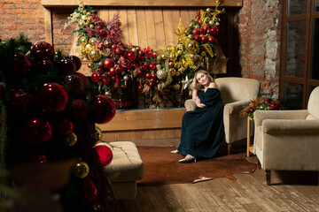 woman fireplace tree new home young christmas celebration cozy holiday alone girl year