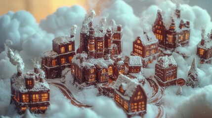 Enchanted chocolate city dreamy landscape miniature model whimsical atmosphere birds-eye view magical concept