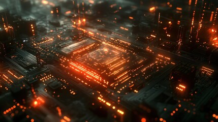 Fototapeta premium A futuristic, abstract, and stylized image of a glowing, orange, CPU processor, reminiscent of a city at night.