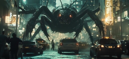 Massive insectlike creature crawling through urban streets city nightscape digital art sci-fi environment dramatic concept