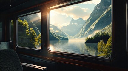 Naklejka premium Enchanting mountain view from a first-class train compartment scenic landscape nature tranquil environment serene perspective