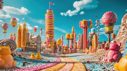 Candy cityscape creation fantasy land digital art vibrant environment whimsical viewpoint imaginative concept