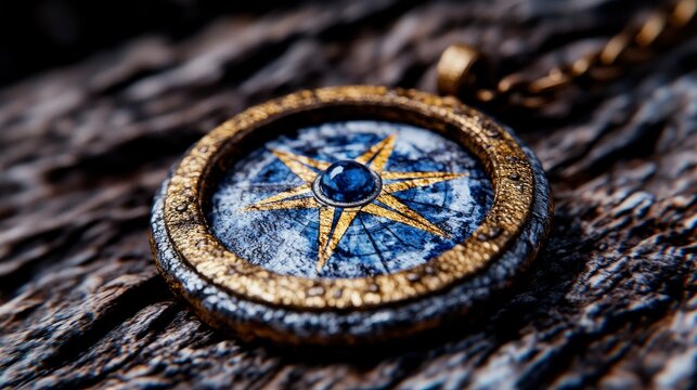 Antique Compass Pendant on Rustic Wood Symbol of Exploration and Adventure