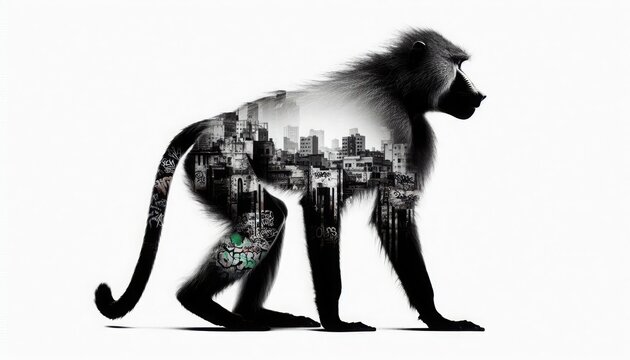 recommend clip art: baboon monkey silhouette in double exposure with graffiti on the wall, animal photography,
