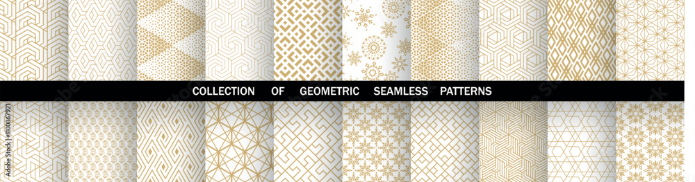 Poster Geometric set of seamless golden and white patterns. Simple vector graphics