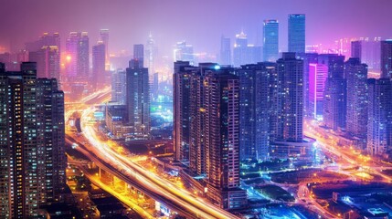 Fototapeta premium Vibrant Urban Nightscape Featuring Skyscrapers and Traffic Flow Illuminated by City Lights in a Modern Metropolis