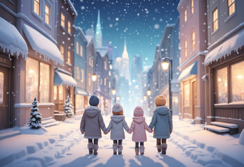 Obraz premium Children walking hand-in-hand in snowy holiday town