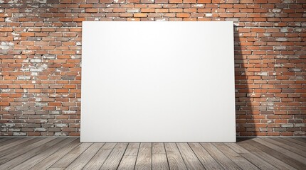 Clean white canvas art mockup leaning against brick wall, display, empty space, clean