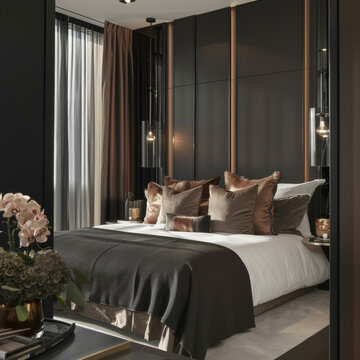 BOUTIQUE hotel elegant bedroom , very tall bed table black interior with cooper accents kelly hoppen style realistic 