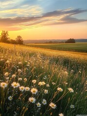 Serene Meadow at Sunset with Tall Grasses and Wildflowers in Vibrant Sky