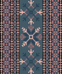 Art Abstract with Pixel Art Designs. Traditional Cross Stitch needlework. Geometric Ethnic Pattern, Embroidery, Textile Ornamental, Fabric, Hand Stitch Pattern, Cultural Stitching Pixel Art
