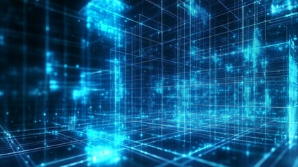 Fototapeta premium Futuristic Digital Grid Connection with Isometric Blockchain Technology and Big Data Transfer in Neon Blue