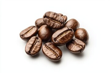 Naklejka premium Aromatic Pile of Roasted Coffee Beans on White Background