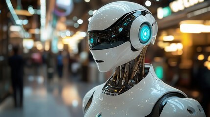 Fototapeta premium Advanced humanoid robot with futuristic design and glowing features, set against a modern urban environment filled with people and technology, capturing the essence of innovation.