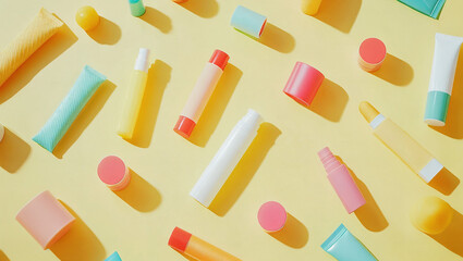 Pastel cosmetic products, flat lay.
