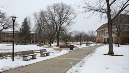 Quiet view of a corner of a snowy campus in winter
