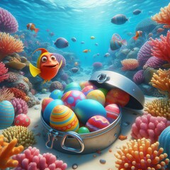Coral Reef Easter Fish and crustaceans discover eggs hidden amon