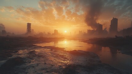 A post-apocalyptic cityscape captures the dramatic changes brought on by climate change, serving as a cautionary tale.