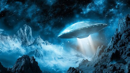 Futuristic UFO Spacecraft Hovering Above a Dramatic Alien Landscape Under a Starry Sky with Cosmic Clouds and Celestial Light Beams in Vivid Blue Tones